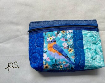 Patchwork Blue and Spring Flowers Bluebird Pouch - Bluebird Patchwork Quilted School Supplies Pouch