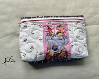 Gray Dog Flowers and Trees Pouch -  Patchwork Gray Dog Quilted School Supplies Pouch