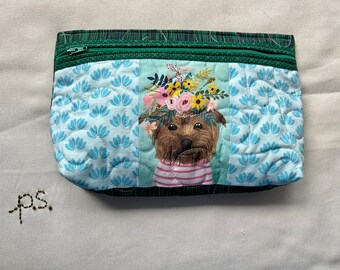 Brown Dog Flowers Patchwork Green Pouch -  Patchwork Brown Dog Quilted School Supplies Pouch