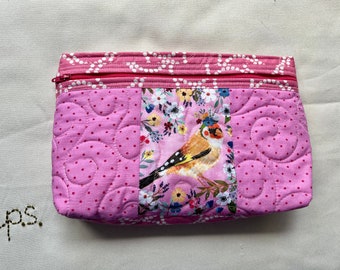 Spring Flowers and Goldfinch with Pink and White Dots Pouch -  Patchwork Pink Fabrics and Goldfinch Quilted School Supplies Pouch