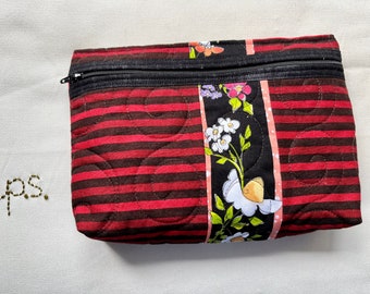 Vertical Loralie Flowers and Horizontal Stripes Quilted Pouch - Flowers and Stripes Travel Case