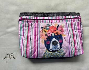 Great Dane Patchwork Stripes and Flowers Pouch - Great Dane Dog Quilted School Supplies Pouch