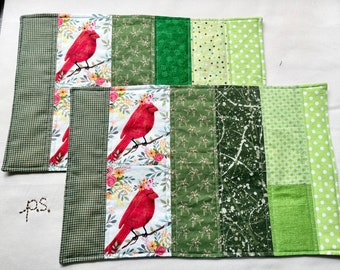 Floral Robin and Green Fabrics vs Mottled Green Placemats - Reversible Quilted Placemat Pair