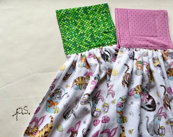 Dressed Up Easter Cats Oven Towel with Green or Pink Toppers
