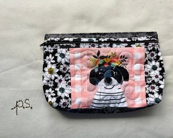 Black and White Dog Patchwork Flowers Pouch - Black and White Dog Quilted School Supplies Pouch