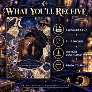 Può includere: Una stampa d'arte digitale con una coppia romantica, un corvo, farfalle e una spada, con il testo 'WHAT YOU'LL RECEIVE', '1 HIGH-RES PNG', '5 x 7 INCHES', 'INSTANT DOWNLOAD', 'READY TO PRINT' e 'To the stars who listen—and the dreams that are answered.'