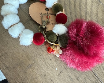 Handmade Holiday Pom Pom Keychain Bracelet: Festive Bag Charm