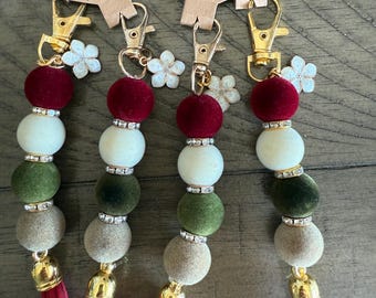 Handmade Holiday Beaded Keychain with Tassel: Festive Bag Charm