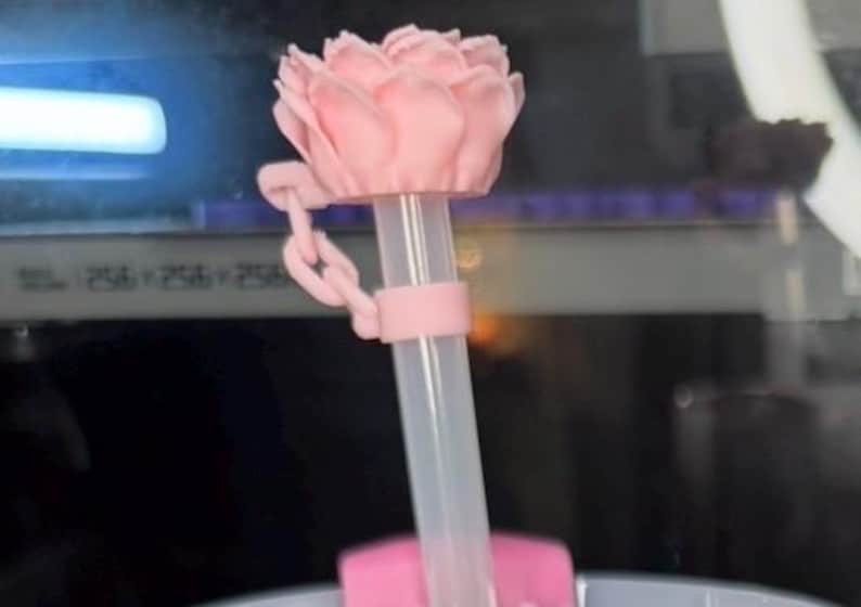 K&ouml;nnte beinhalten: Ein rosa, bl&uuml;tenf&ouml;rmiger Flaschenverschluss mit einem durchsichtigen Strohhalm. Der Verschluss hat ein Kettendetail und einen Ring um den Strohhalm. Die Blume ist hellrosa.