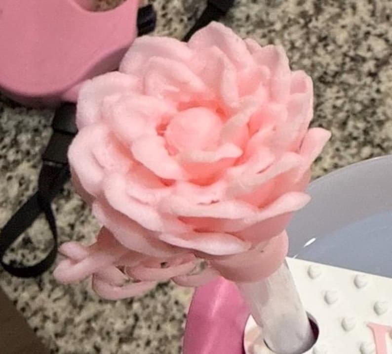 K&ouml;nnte beinhalten: Ein hellrosa, bl&uuml;tenf&ouml;rmiges Objekt mit geschichteten Bl&uuml;tenbl&auml;ttern. Das Objekt ist an einer wei&szlig;-rosa Basis befestigt. Der Hintergrund ist eine gesprenkelte graue Oberfl&auml;che und ein rosa Objekt.