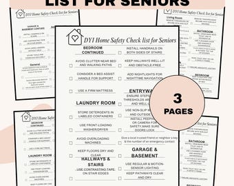 May include: A DIY home safety checklist for seniors, featuring a list of safety measures for various areas like bedrooms, laundry rooms, and bathrooms. The checklist includes text and check boxes, with the words "3 pages" in a circle.