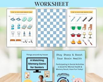 Può includere: Un foglio di lavoro intitolato "HOME MEMORY GAME WORKSHEET" con immagini di giochi di abbinamento. L'immagine include flashcard con oggetti per la casa e il testo: "A Matching Memory Game for Seniors". L'immagine include anche il testo: "Stay Sharp & Boost Your Brain Health".