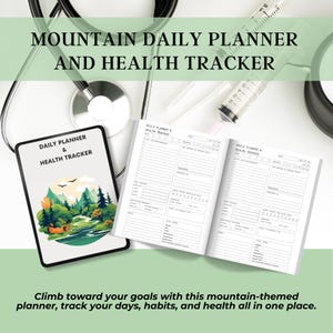 Puede incluir: Un planificador diario y un rastreador de salud con temática de montaña. La portada presenta una ilustración de paisaje con árboles y un río. El planificador abierto muestra secciones de seguimiento diario. Texto en la portada: "Daily Planner & Health Tracker."