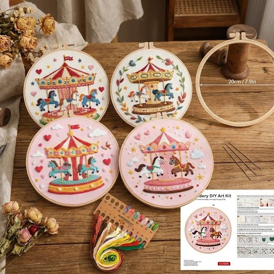 Carousel Needlepoint DIY Carousel Embroidery Kit, Merry Go Round Needlepoint Art, Beginner ...
