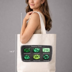May include: A cream-colored tote bag, 14.5 inches wide and tall, featuring a graphic of various emerald types. The graphic includes text that reads "EMERALD TYPES" and labels for different emerald cuts and colors. The bag is carried by a person.
