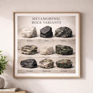Peut inclure: Une affiche encadrée intitulée "Variantes de roches métamorphiques" présente neuf échantillons de roches différents. Les roches sont étiquetées Marbre, Ardoise, Schiste, Gneiss, Quartzite, Amphibolite, Phyllite, Migmatite et Éclogite. L'affiche est dans un cadre en bois.