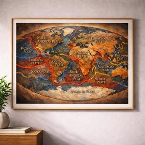 Världskartaposter med tektoniska plattor | Konstverk med forntida karta