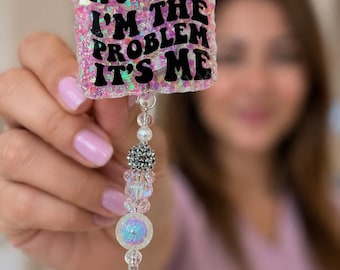 Funny Nurse Badge Holder | Pink Glitter Badge Reel | Beaded Retractable ID Badge Clip