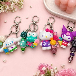Handmade Hello Kitty Beaded Keychain Bundle | Sanrio Charms, Hello Kitty, Kuromi, Keroppi, Cinnamoroll | Kawaii HK Bag Charm