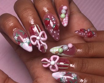Coquette bow nails | kawaii strawberry douyin designs | pink, white, and green retro cute trendy Everyday Look Handmade Reusable Nails