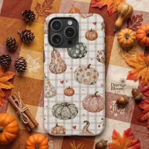 Cottagecore Cozy Fall Pumpkin Phone Case, Plaid Autumn Floral Botanical Phone Cover for iPhone 17 16 15 Pro Max Plus, Samsung Galaxy S26 S25
