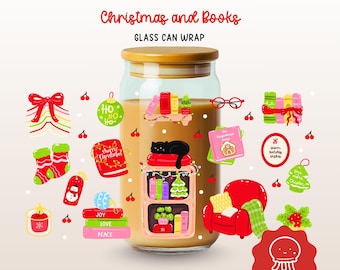 May include: A glass can wrap with a Christmas and books theme. The image shows a glass can with a wooden lid, decorated with festive illustrations such as a red bow, Christmas stockings, and a small red sofa. The text "Christmas and Books" is at the top.