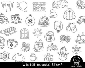 Winter Doodle Stamp Clipart, Snowy Time Black & White Outline PNG SVG