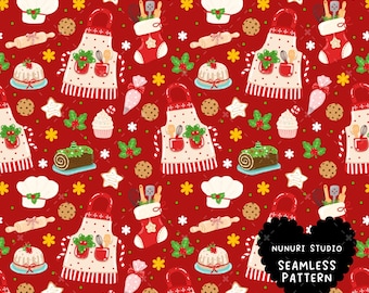 May include: Seamless pattern on a red background featuring Christmas baking and cooking elements. Includes aprons, chef hats, rolling pins, cookies, cupcakes, cake, and a stocking. The pattern also includes the text "NUNURI STUDIO SEAMLESS PATTERN".