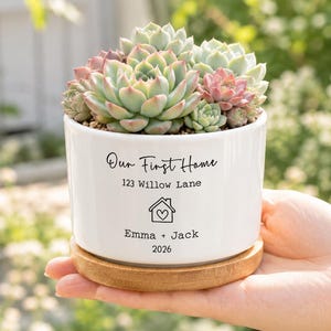 Personalized Flower Pot with First House Design, Housewarming Gift for Couples, New Home Planter, Realtor Closing Gift