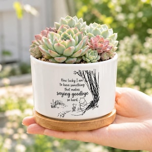 May include: A white ceramic cylindrical planter with a bamboo saucer containing a cluster of green and pink succulents. The planter features a black line drawing of Winnie the Pooh and Piglet with the text, How lucky I am to have something that makes saying goodbye so hard.