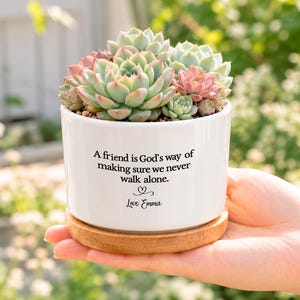 May include: A white ceramic planter with a bamboo base containing a cluster of green and pink succulents. The planter features the black text: A friend is God's way of making sure we never walk alone. Love Emma, with a small heart icon below the text.