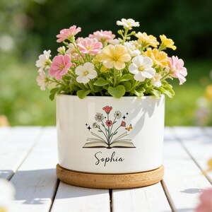 Vaso personalizzato per amanti dei libri, regalo personalizzato per bibliofili, vaso per piante grasse a forma di libro, vaso per piante da lettore con nome, piccola decorazione da scrivania in ceramica, G