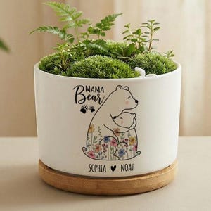 Puede incluir: Una maceta de cerámica blanca con un diseño de Mamá Oso, que contiene una pequeña planta. La maceta se asienta sobre una base de madera. El diseño incluye un oso abrazando a un osezno, con detalles florales y los nombres Sophia y Noah.