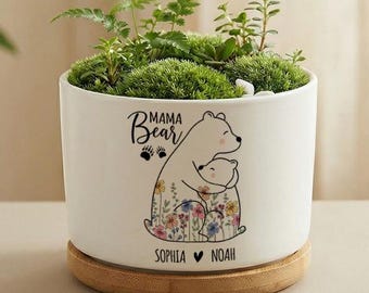 Personalisierter Mama Bär Blumentopf, Benutzerdefinierte Mom Planter mit den Namen der Kinder, Muttertagsgeschenk für Mama, niedliches Bärenmama-Andenken