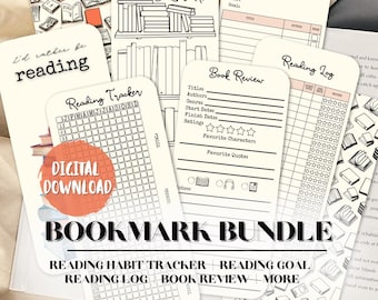 Reading Journal Printable Bookmark Bundle (Digital Download) Tracker, Book Review, Log, Goal