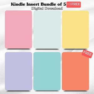 May include: A digital download graphic with six pastel-coloured rectangular blocks: pink, light blue, yellow, purple, teal, and orange. The text at the top reads "Kindle Insert Bundle of 5 + 1 FREE" and "Digital Download."