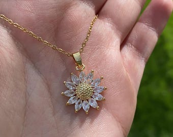 Gold Sunflower Necklace Sparkling Crystal Petals Dainty Flower Pendant Elegant Everyday Jewelry Gift