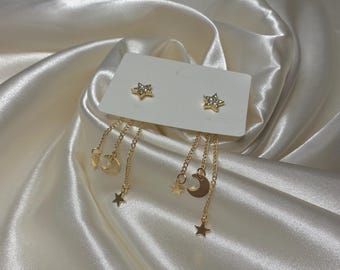 Boucles d'oreilles pendantes étoile et lune en or, clous d'oreilles CZ célestes