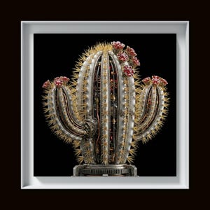 Steampunk Cactus Print, Silver Chrome Botanical Art, Ruby Garnet Blossoms (Digital Download)