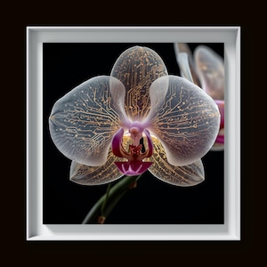 Lámina artística "Orquídea Fantasma", acrílico esmerilado, vetas doradas, detalles en rubí (descarga digital)