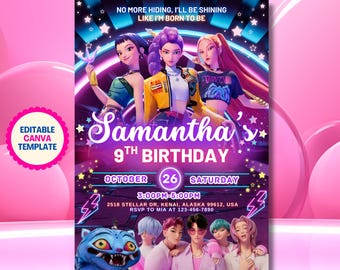 Editable Kpop Demon Hunters Birthday Invitation, Demon Hunters Invitation, Huntrix K-pop Demon Hunters Themed Party, Printable Kids Invite