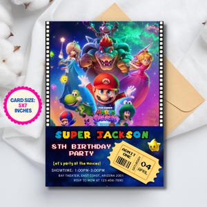 Invitación de cumpleaños editable con diseño de boleto de película de Mario Galaxy, invitación para fiesta de Super Mario Galaxy, boleto de la película Mario Galaxy 2026, invitación imprimible imagen 3