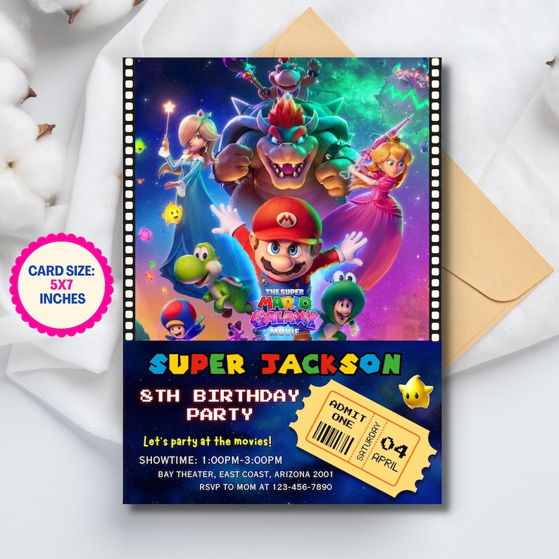 Invitación de cumpleaños editable con diseño de boleto de película de Mario Galaxy, invitación para fiesta de Super Mario Galaxy, boleto de la película Mario Galaxy 2026, invitación imprimible imagen 3