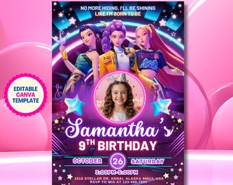 Editable Kpop Demon Hunters Birthday Invitation, Demon Hunters Invitation, Huntrix K-pop Demon Hunters Themed Party, Printable Kids Invite