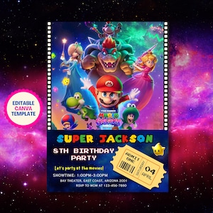 Invitación de cumpleaños editable con diseño de boleto de película de Mario Galaxy, invitación para fiesta de Super Mario Galaxy, boleto de la película Mario Galaxy 2026, invitación imprimible imagen 1