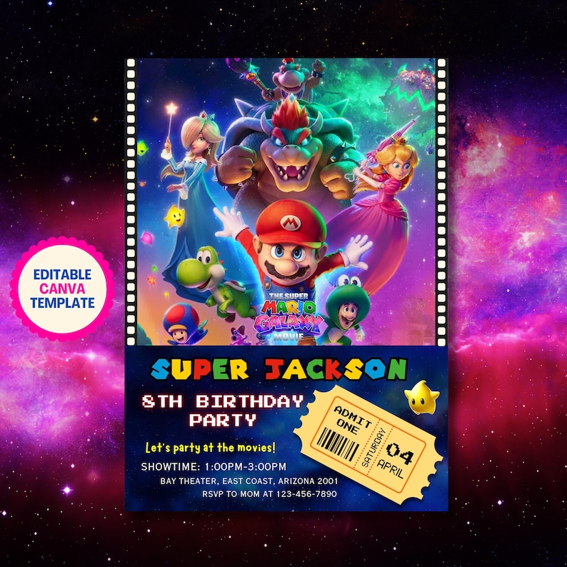 Invitación de cumpleaños editable con diseño de boleto de película de Mario Galaxy, invitación para fiesta de Super Mario Galaxy, boleto de la película Mario Galaxy 2026, invitación imprimible imagen 1
