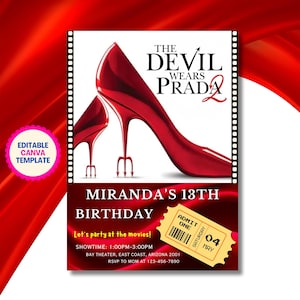 Könnte beinhalten: Rote Einladungskarte mit dem Text "The Devil Wears Prada 2" und einem Paar roter High Heels. Die Karte trägt die Aufschrift "Mirandas 13. Geburtstag" mit einer Kinokarten-Grafik. Der Text "Lasst uns im Kino feiern!" ist ebenfalls enthalten.