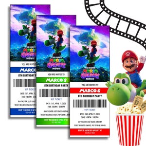 Puede incluir: Tres entradas personalizadas para fiestas de cumplea&ntilde;os con el tema de la pel&iacute;cula Super Mario Galaxy. Cada entrada tiene un borde de color diferente: azul, verde y rojo. Las entradas incluyen el nombre "Marco's" y detalles de la fiesta.