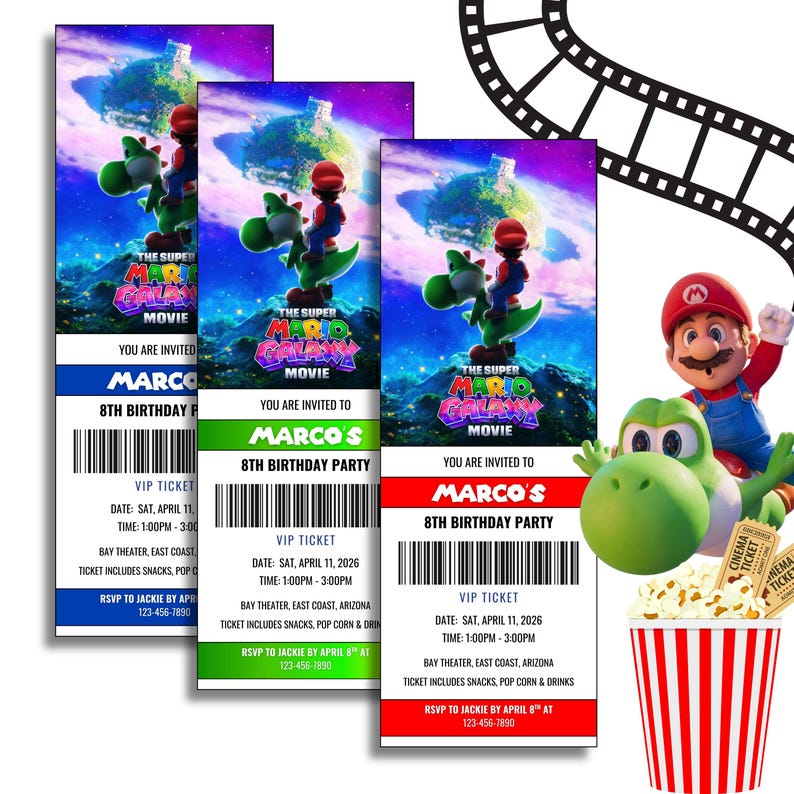 Puede incluir: Tres entradas personalizadas para fiestas de cumplea&ntilde;os con el tema de la pel&iacute;cula Super Mario Galaxy. Cada entrada tiene un borde de color diferente: azul, verde y rojo. Las entradas incluyen el nombre "Marco's" y detalles de la fiesta.