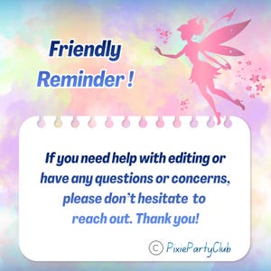 Pode incluir: Gr&aacute;fico digital com fundo aquarela pastel. O texto "Friendly Reminder!" est&aacute; em azul. Uma silhueta de fada rosa est&aacute; &agrave; direita. Uma caixa em estilo bloco de notas cont&eacute;m uma mensagem sobre ajuda de edi&ccedil;&atilde;o.